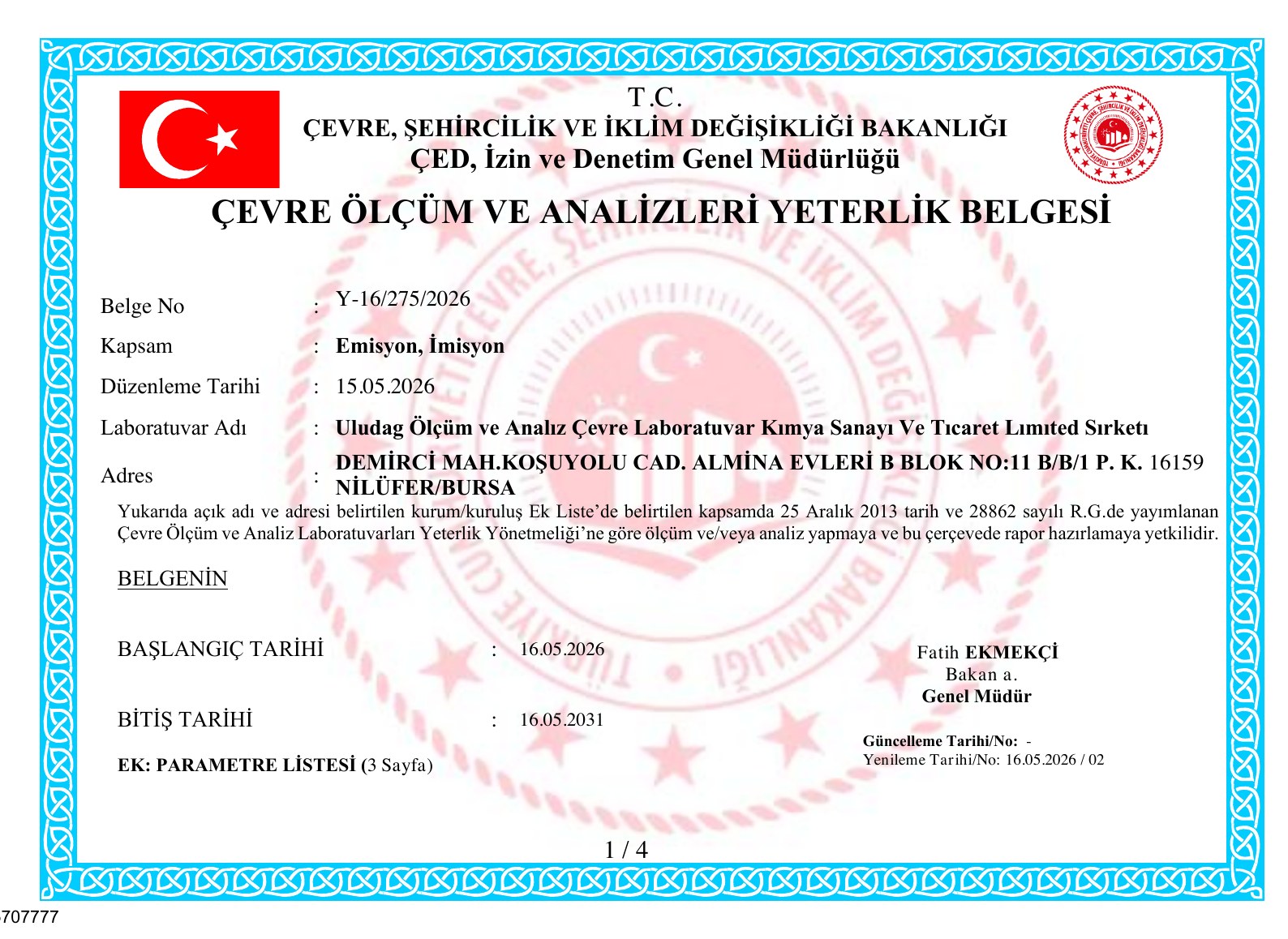 Çevre Bakanlığı Akreditasyon Belgesi